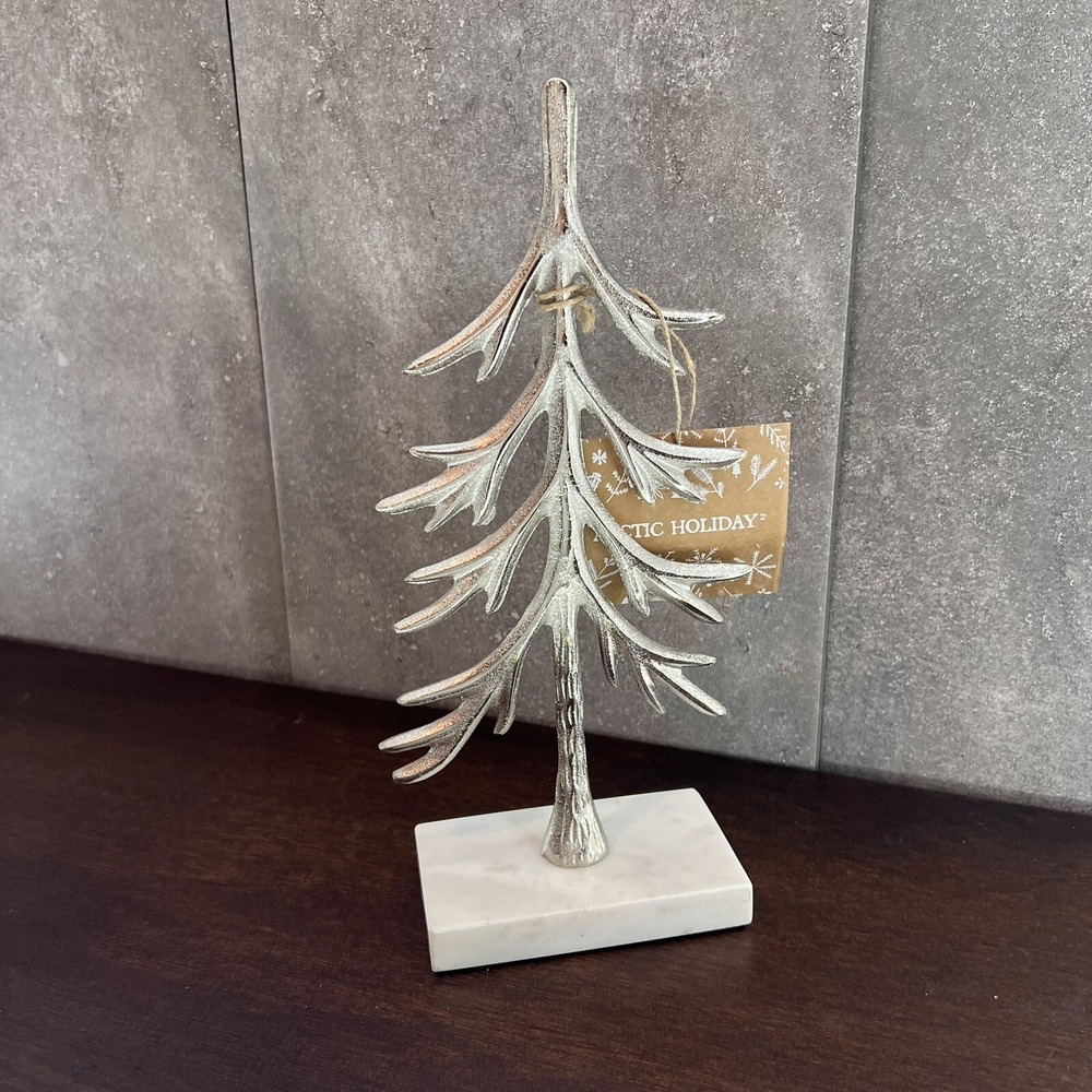 Arctic Holiday (Pottery Barn Dupe) Silver Sculpted Metal Tree Marble Base 12"